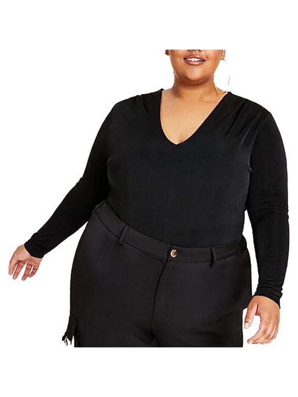 Nina Parker Blouse 2X Plus Black V-Neck Long Sleeve Stretch Top Minimalist NWT